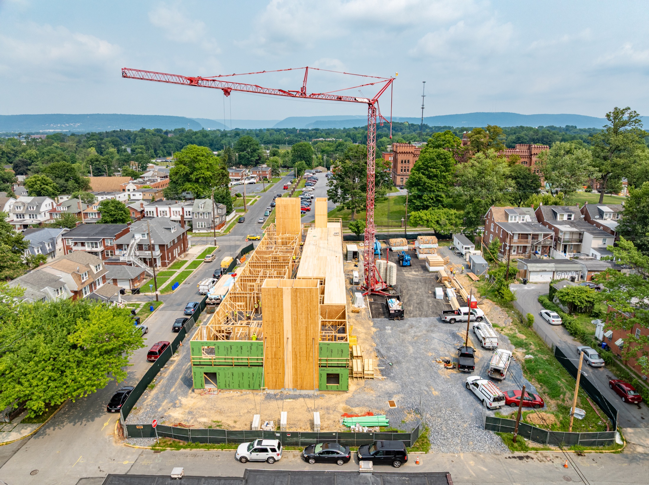 Woodward Lofts mass timber structure viewed along its full length