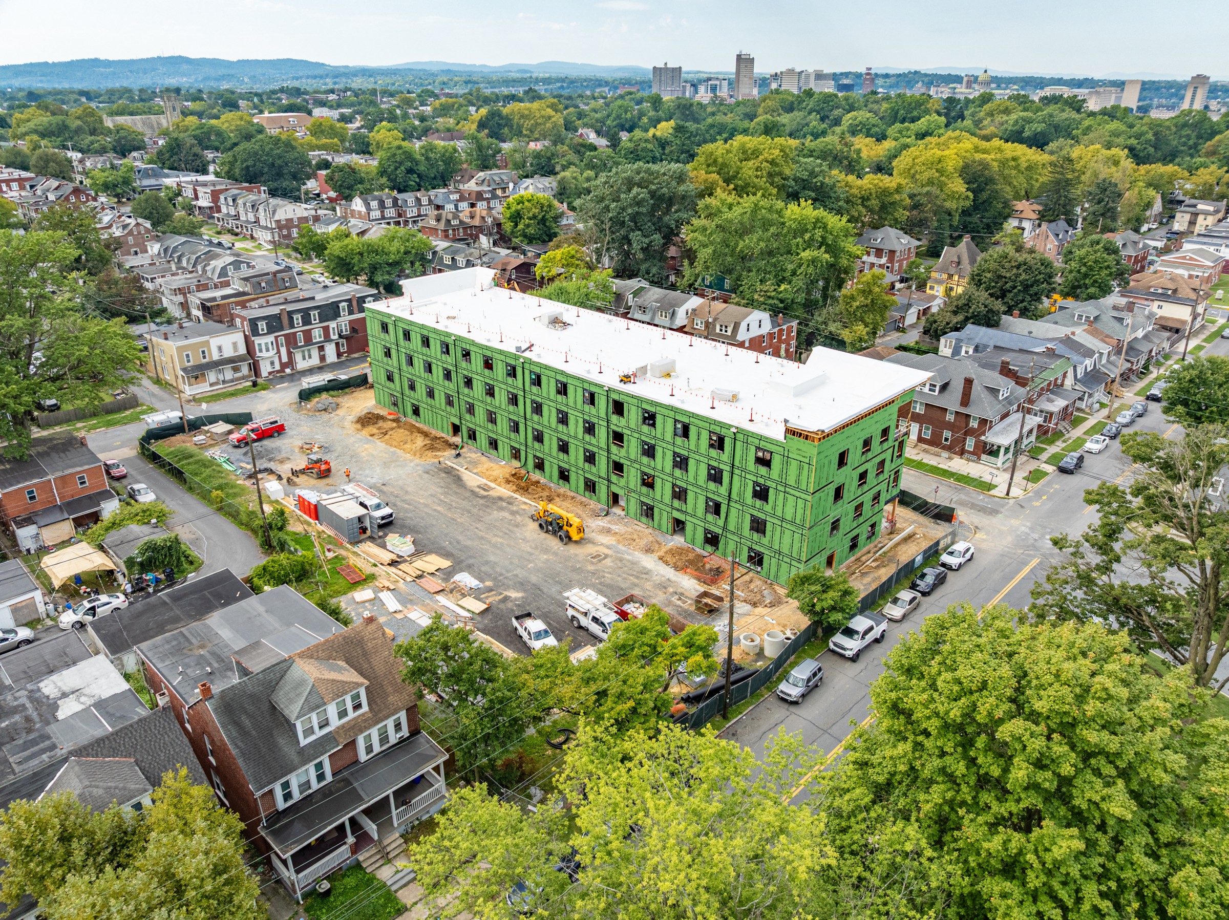 Aerial view of Woodward Lofts under construction in Harrisburg